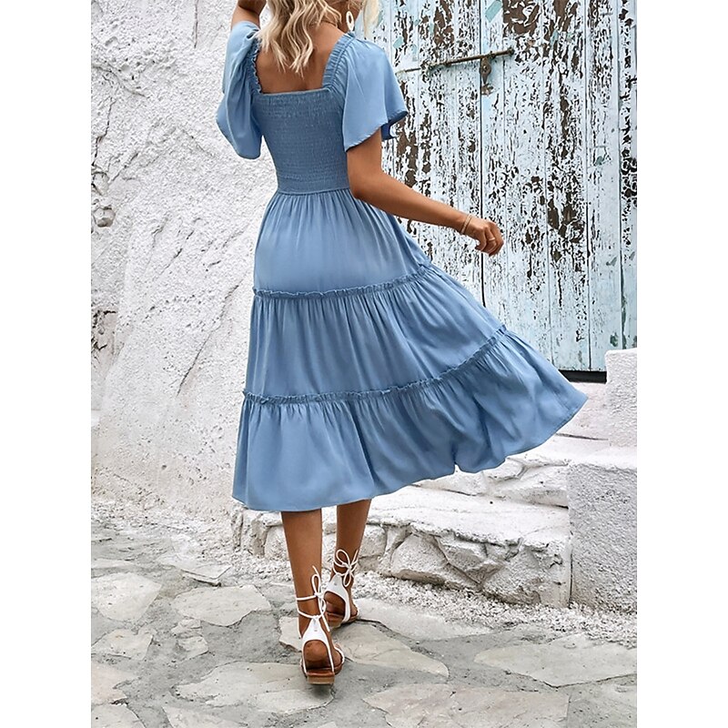Women's Midi Dress Casual Dress Swing Dress A Line Dress Stylish Basic Casual Vacation Daily Regular Fit Plain Short Sleeve Square Neck Blue Summer2