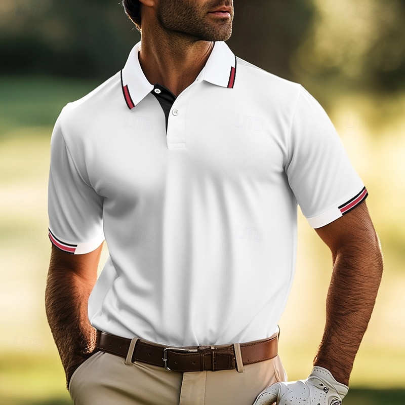 Men's Golf Polos Shirts Pique Polo Shirt Work Business Ribbed Polo Collar Classic Short Sleeve Basic Modern Solid Color Color Block Patchwork Buttons Spring & Summer Regular Fit White Golf Polos