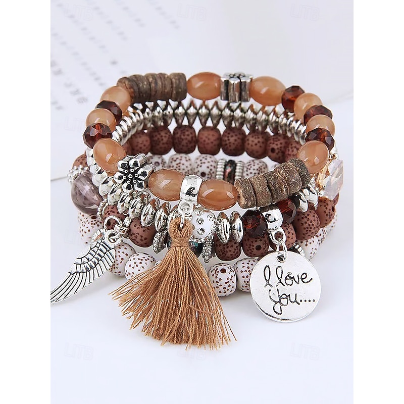 Women's Bohemian Multilayer Beaded Bracelet Set – Colorful Charm Bracelets with Tassel and Wing Pendant for Casual and Beach Wear