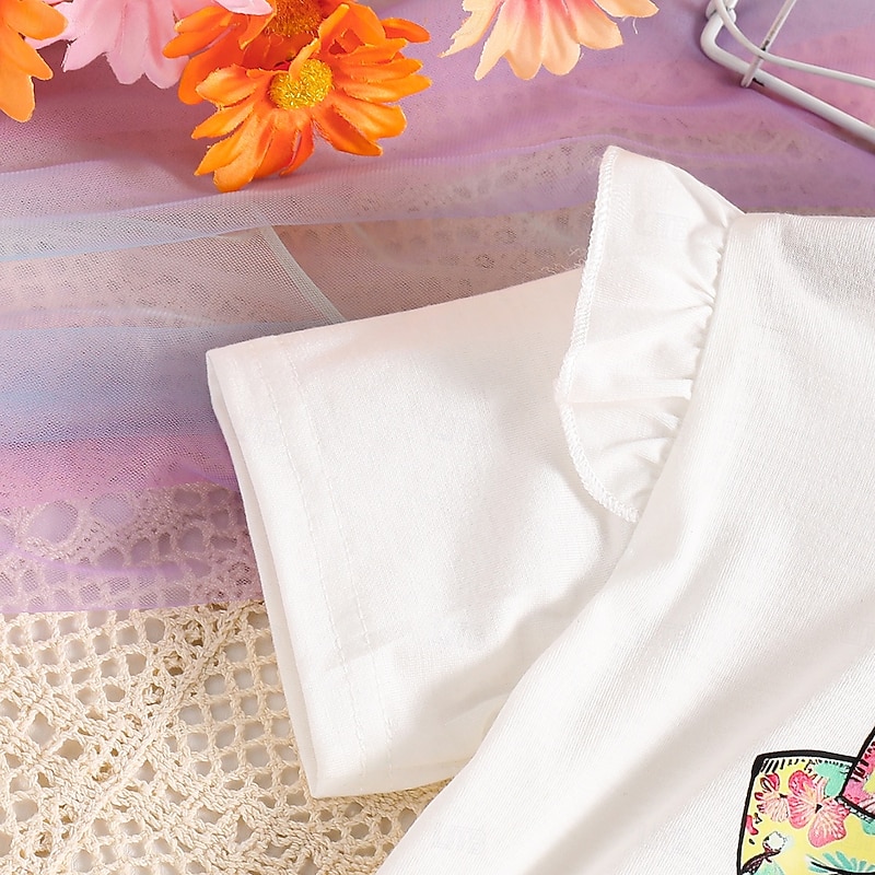 2 Pieces Toddler Girls' Graphic Crewneck Skirt & Shirt Set Short Sleeve Fashion School 4-7 Years Summer White3