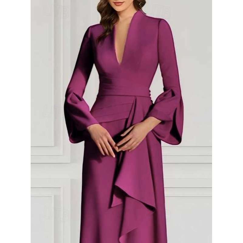 Mermaid / Trumpet Evening Gown Elegant Dress Formal Wedding Guest Sweep / Brush Train Long Sleeve V Neck Stretch Crepe with Pleats Ruched Strappy3