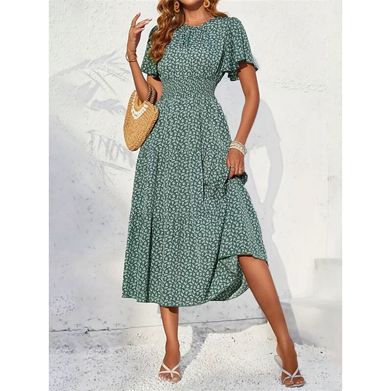 Women's Midi Dress Casual Dress Swing Dress A Line Dress Stylish Casual Vacation Daily Regular Fit Floral Short Sleeve V Neck Green Summer4