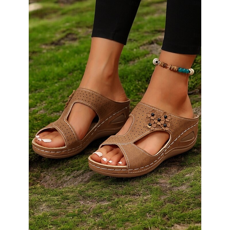 Women's Brown Slip-On Sandals with Cut-Out Design Floral Embellishments and Comfortable Sole for Summer Wear and Casual Outings4