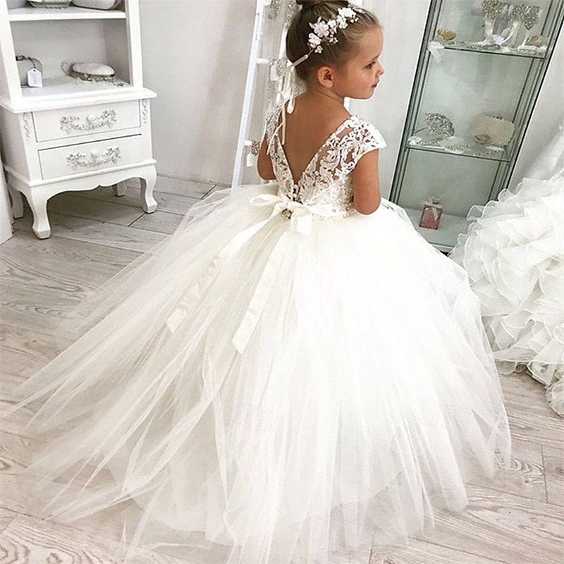 Flower Girl Dress Kid's Girls' Princess Dress Performance Wedding Party Elegant Beautiful Mesh Solid Color Sleeveless Crew Neck White 4 years+