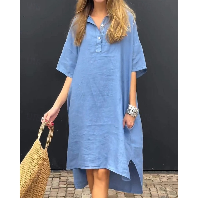 Women's Long Dress Maxi Dress Linen-Inspired Dresses Shirt Dress Casual Dress Stylish Casual Vacation Daily Date Regular Fit Plain Short Sleeve Lapel Yellow Pink Blue Apricot Summer Spring