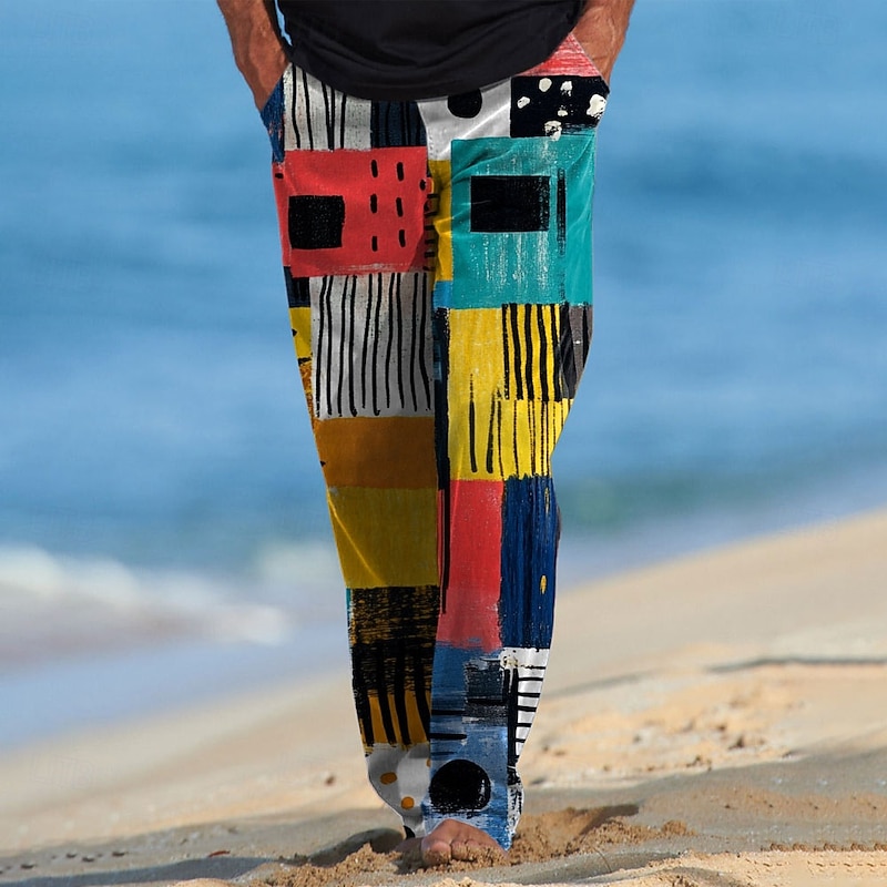 Men's Color Block Patchwork Trousers Casual Pants Drawstring Elastic Waist Hawaiian Casual Vintage Retro Outdoor Vacation Holiday Side Pockets Straight Leg Trousers Summer Spring Fall 3D Print Yellow4