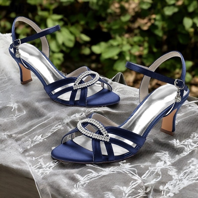 Women's Dark Blue Satin Strappy Heels with Rhinestone Detailing – Elegant Wedding or Evening Sandals