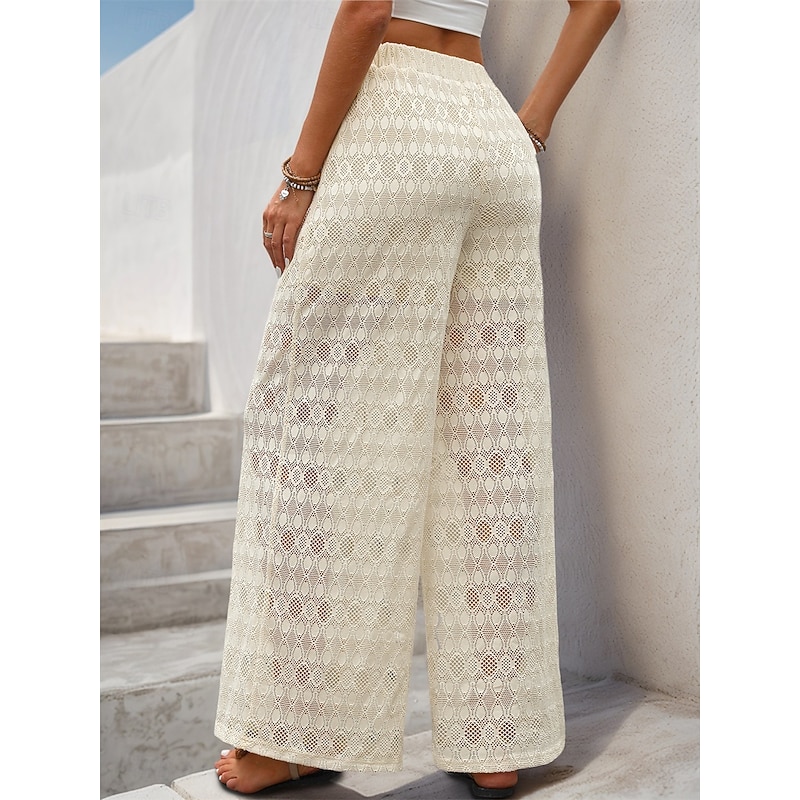 Women's Culottes Wide Leg Fashion Streetwear Stylish Full Length High Waist Plain Lace Knitted Comfy Soft Comfortable Micro-elastic Outdoor Vacation Party Almond Summer Spring Fall Regular Fit2