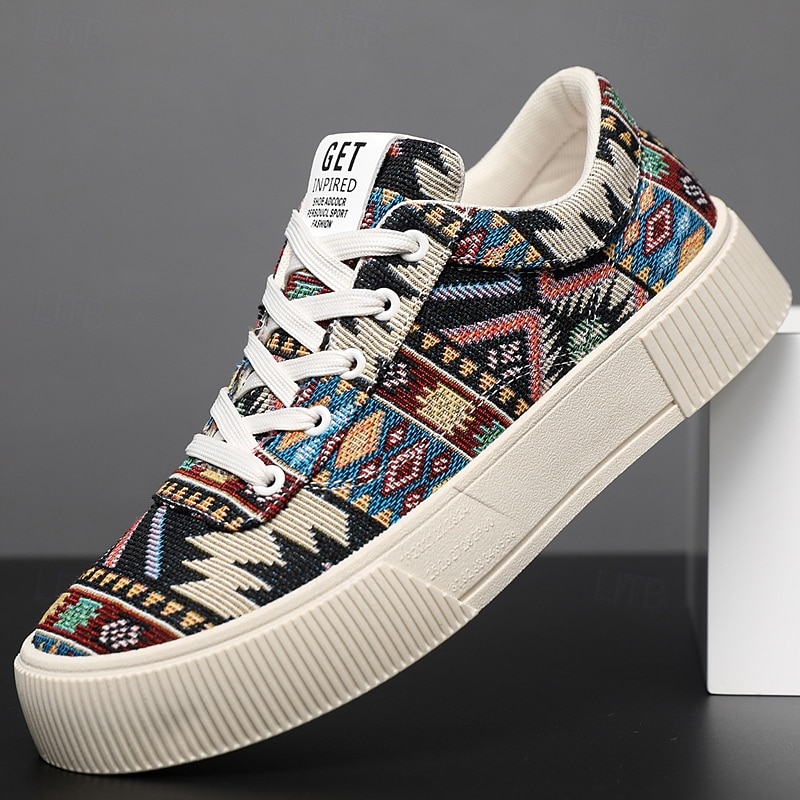 Men's Colorful Tribal Pattern Sneakers – Stylish Lace-Up Casual Shoes for Everyday Wear and Outdoor Activities