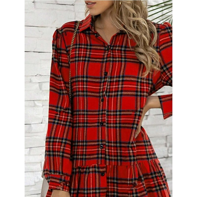Women's Shirt Dress Tiered Dress Mini Dress Formal Business Daily Polyester Elegant Fashion Shirt Collar Patchwork Buttons Long Sleeve Spring Fall Regular Fit Plaid4