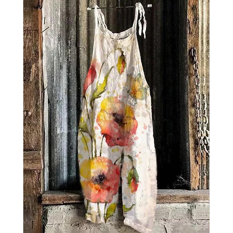 Women's Pants Trousers Dungarees Jumpsuit Rompers Lightweight Casual Ankle-Length Mid Rise Floral Graphic Printing Comfortable Inelastic Casual Daily Weekend Ginger Green ash-colored Golden3