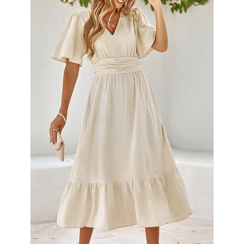 Women's Midi Dress Casual Dress A Line Dress Stylish Basic Casual Vacation Daily Regular Fit Plain Short Sleeve V Neck Apricot Summer Spring