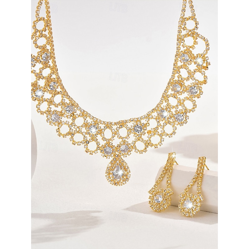 Women's Gold Crystal Necklace and Earrings Set – Elegant Rhinestone Jewelry for Weddings, Parties and Special Occasions3