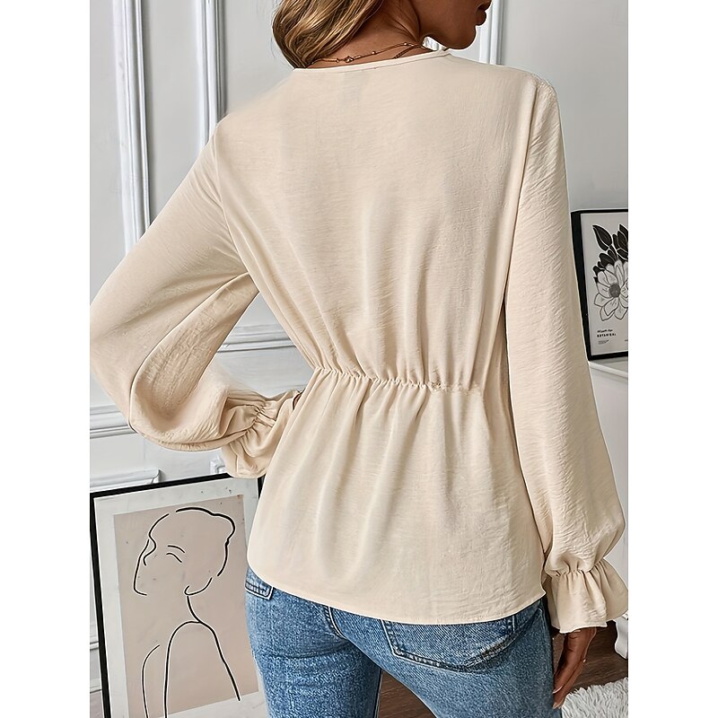 Women's Shirt Blouse Solid Color Stylish Casual Long Sleeve V Neck Regular Tops Daily Tie Front Khaki Spring Fall2