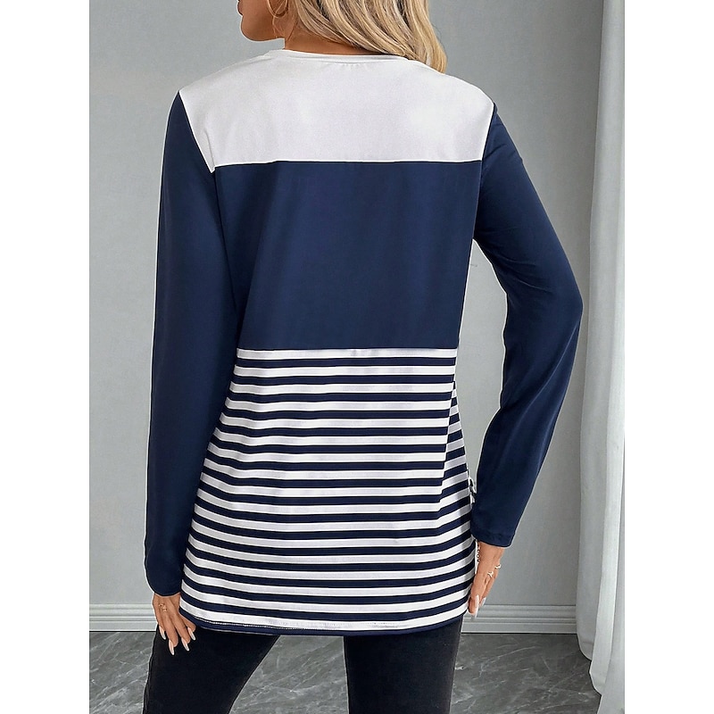 Women's T shirt Crew Neck Long Sleeve Tunic Striped Casual  Regular Tops Daily Print Blue Spring Fall3