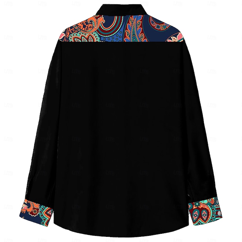 Men's Paisley Western Shirt Long Sleeve Western Sports Outdoor Spring Fall Turndown Button Up 2 Pockets Black2