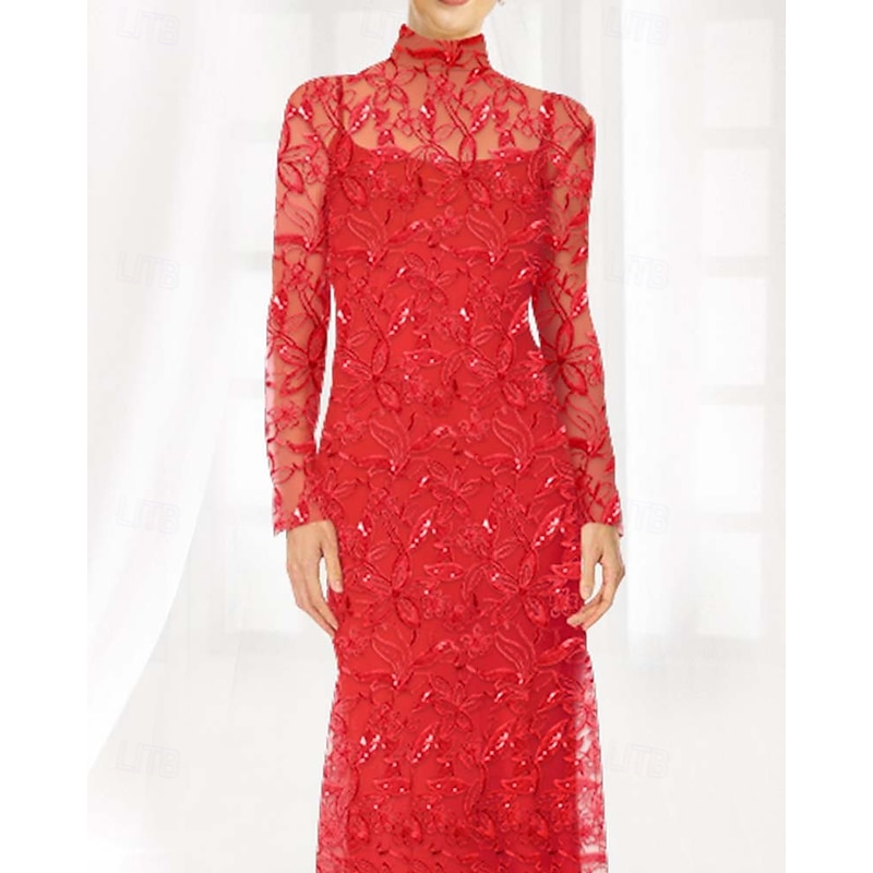 Sheath / Column Mother of the Bride Dress Elegant Simple Minimalist Mock Neck Floor Length Tulle Long Sleeve with Floral Lace Applique4