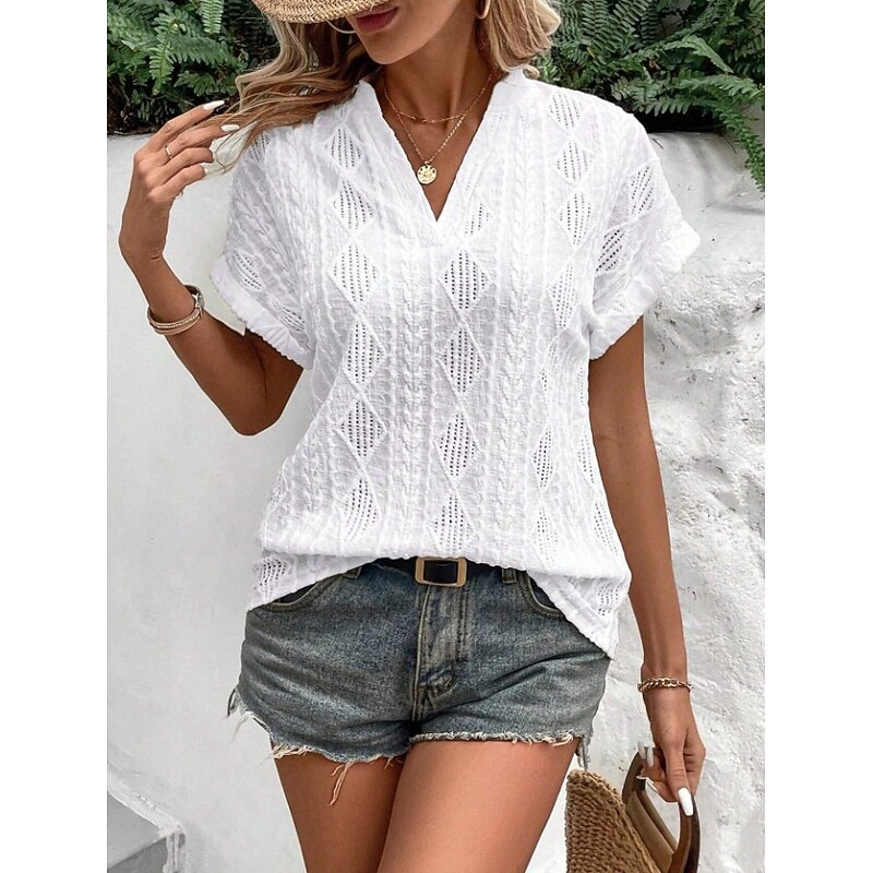 Women's T Shirt Plain Fashion Modern Casual Short Sleeve V Neck Regular Tops Daily Weekend Eyelet White Pink Sky Blue Khaki Summer Spring4