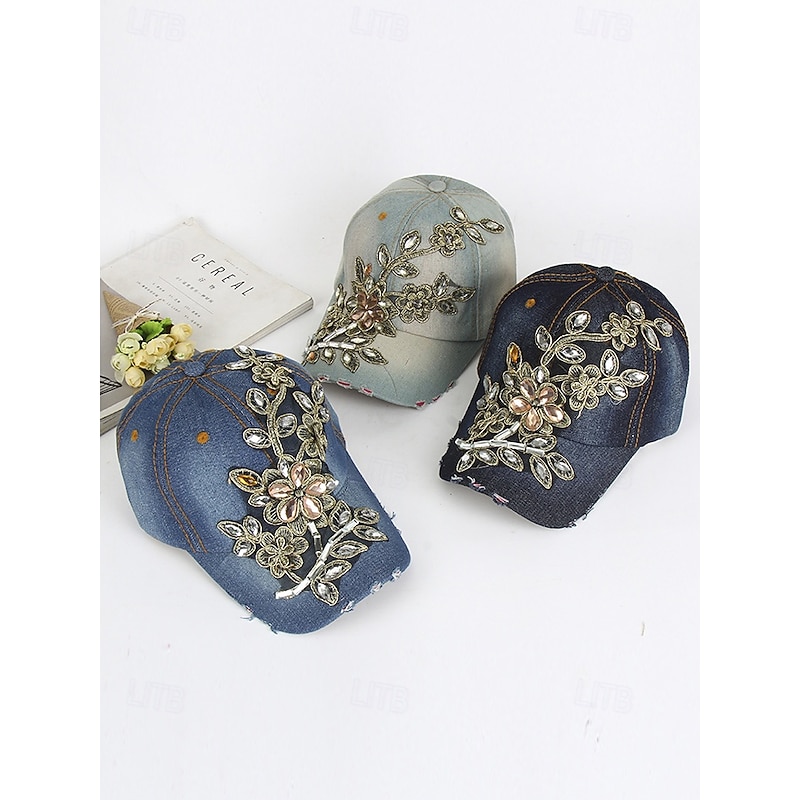 Women's Floral Embellished Denim Baseball Cap with Rhinestone and Beaded Details – Trendy Casual Hat for Outdoor, Daily Wear and Summer4