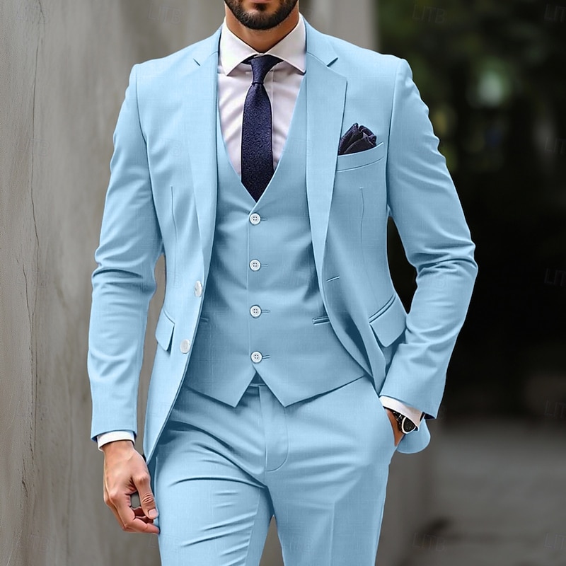 Men's Wedding Casual Suits Sky Blue Business Formal Solid Colored Standard Fit 3 Piece Single Breasted Two-buttons
