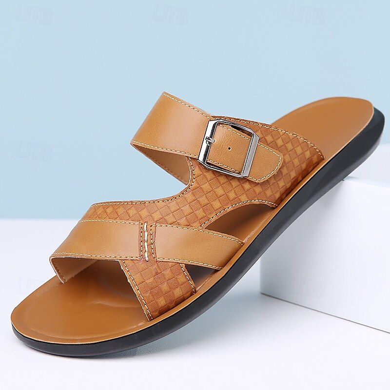 Men's Tan Faux Leather Buckle Strap Sandals – Stylish Summer Slides with Textured Design and Non-Slip Sole for Casual Outdoor Wear2