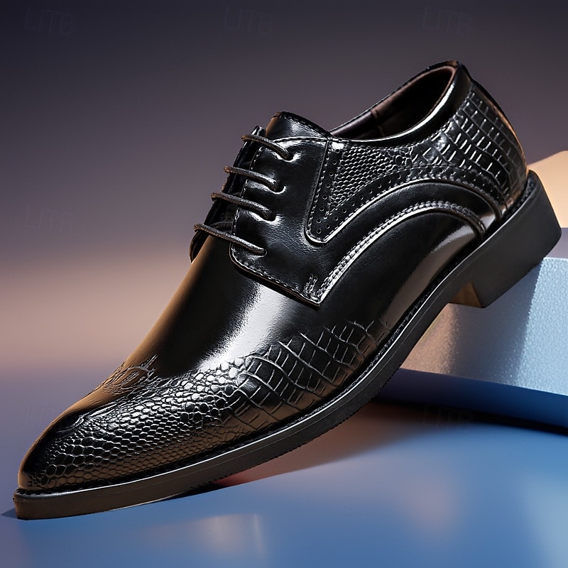 Men's Black and Brown Oxford Dress Shoes with Crocodile Texture - Formal Faux Leather Shoes for Business, Weddings and Parties2