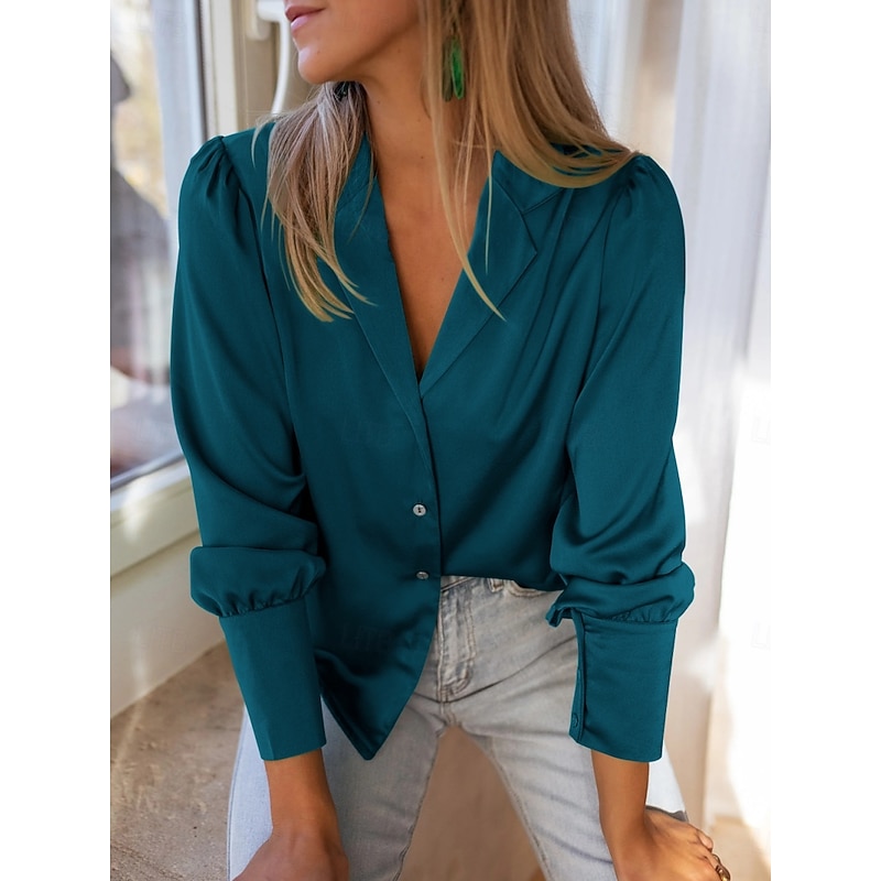 Women's Shirt Blouse Solid Color Business Modern Casual Long Sleeve Shirt Collar Regular Tops Work Formal Wear Buttons Blue Beige Summer Spring