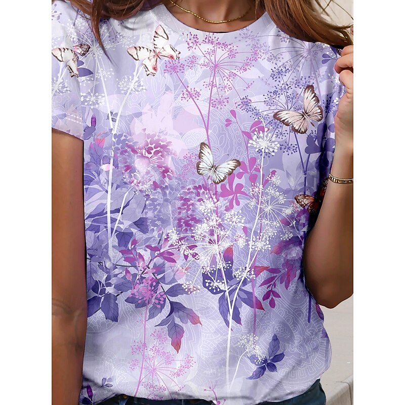 Women's T Shirt Floral Animal Casual Short Sleeve Round Neck Regular Tops Daily Print Purple Summer Spring3