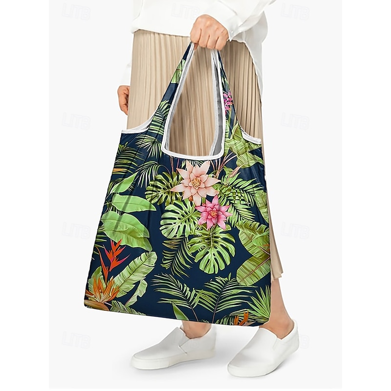 Reusable Foldable Shopping Bag with Tropical Print – Large Capacity Eco-Friendly Tote for Women, Lightweight and Durable for Groceries, Travel or Beach Use Blue Green2