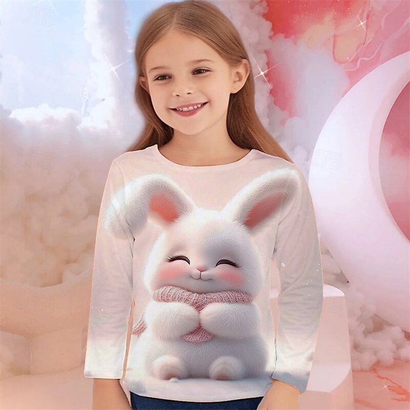 Easter Girls' 3D Graphic Animal Rabbit T shirt Tee Long Sleeve Spring Fall Fashion Basic Kids 4-12 Years Crew Neck Outdoor Casual Daily Regular Fit3
