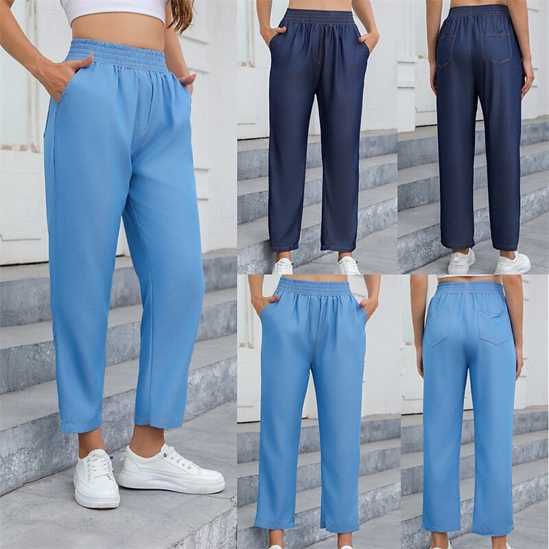 Women's Jeans Linen Pants Pants Trousers Lightweight Casual Full Length Mid Rise Plain Pocket Breathability Comfortable Inelastic Home Casual Daily Light Sky Blue Navy Summer Spring Regular Fit