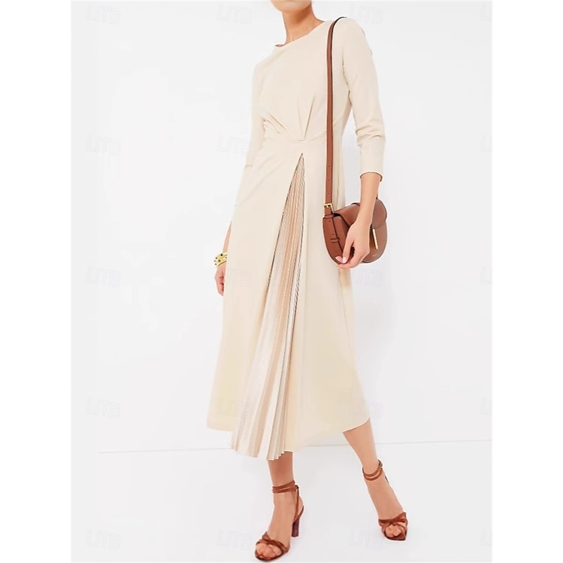 Women's Midi Dress A Line Dress Elegant Stylish Basic Vacation Party Work Regular Fit Plain 3/4 Length Sleeve V Neck Apricot Spring Fall2