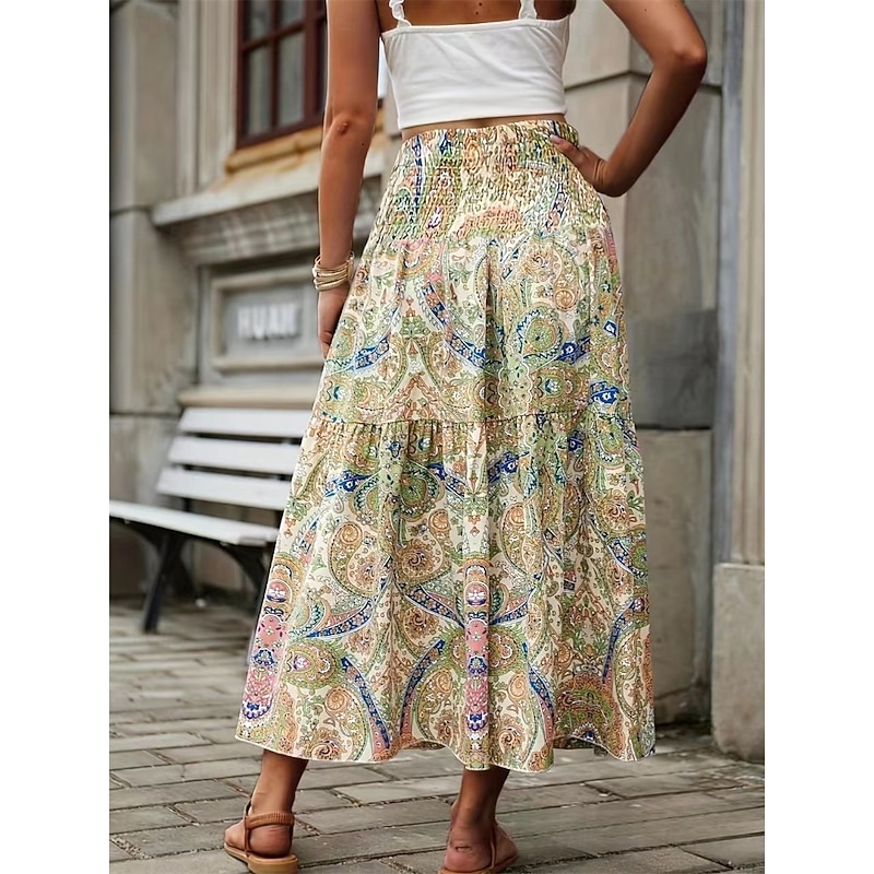 Women's Skirt A Line Fashion Casual Midi Mid Waist Skirts Geometric Print Micro-elastic Street Daily Wine Yellow Summer Polyester2