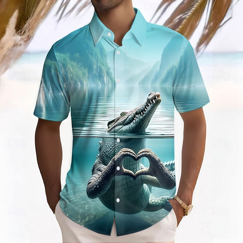 Men's Crocodile Shirt Short Sleeve Funny Summer Spring Turndown Button Up Yellow Purple Green
