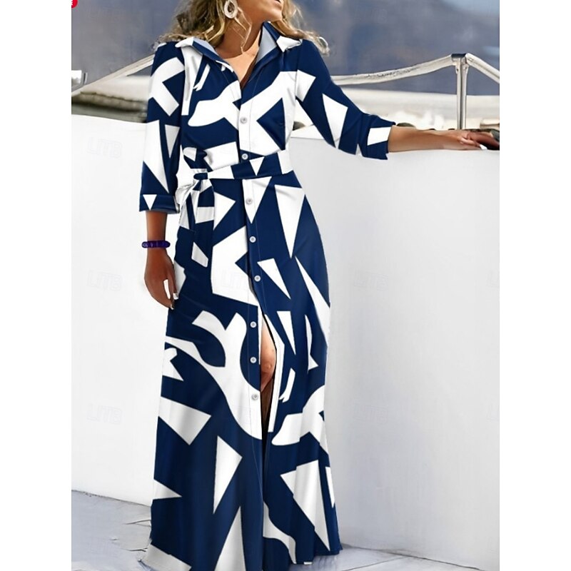 Women's Maxi Dress Shirt Dress Casual Dress A Line Dress Stylish Casual Vacation Daily Regular Fit Stripe Long Sleeve Shirt Collar Navy Blue Blue Summer4