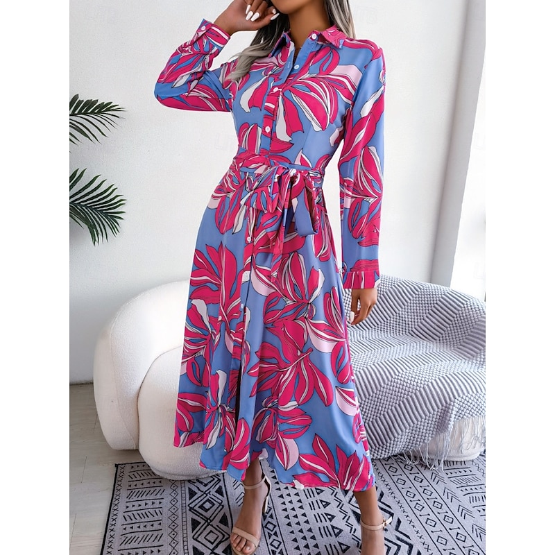 Women's Midi Dress Casual Dress A Line Dress Stylish Casual Vacation Daily Regular Fit Floral Leaf Long Sleeve Shirt Collar Fuchsia Spring Fall4