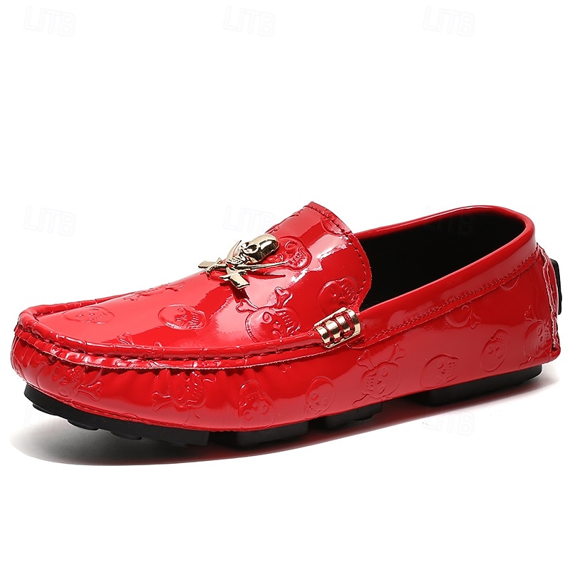Men's Red Skull Embossed Patent Loafers  Slip-On Shoes with Metal Skull Accent, Gothic Style for Parties and Casual Wear3