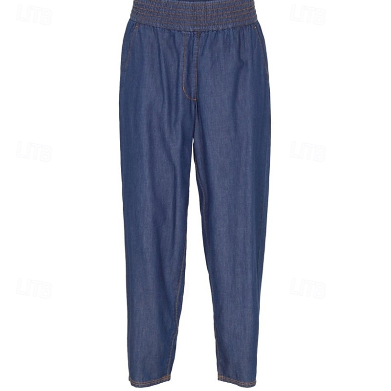 Women's Jeans Linen Pants Pants Trousers Lightweight Casual Full Length Mid Rise Plain Pocket Breathability Comfortable Inelastic Home Casual Daily Light Sky Blue Navy Summer Spring Regular Fit2