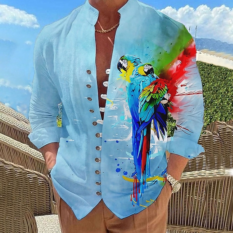 Men's Parrot Shirt Summer Hawaiian Shirt Aloha Shirt Long Sleeve Shirt Stand Collar Fashion Designer Casual Outdoor Vacation Street Yellow Blue Purple S M L