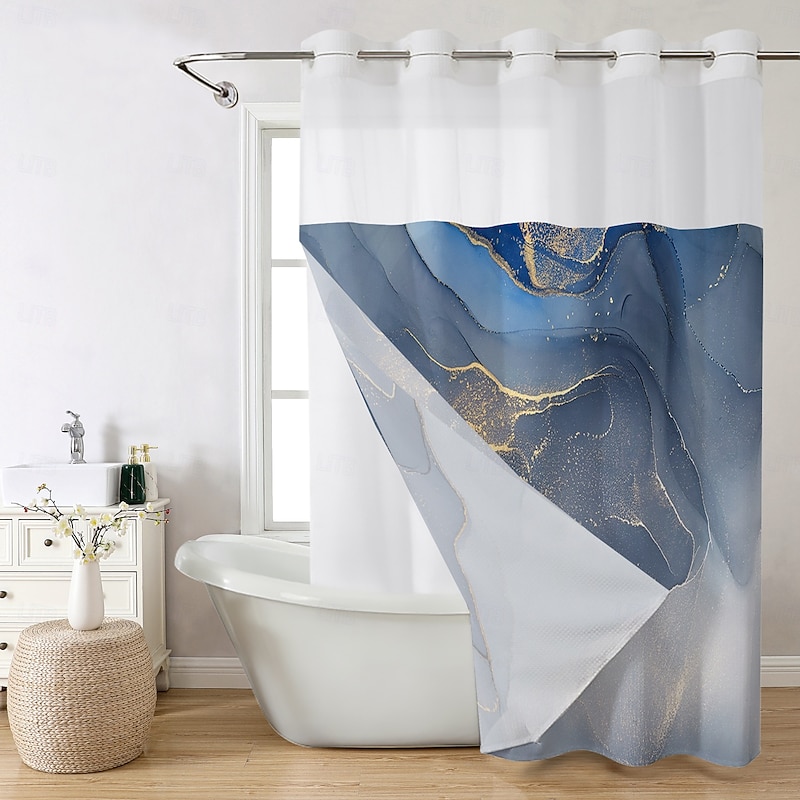 Marble Waffle-Weave Textured Shower Curtain Set with Snap-in Liner Sheer Window Water-Repellent Polyester, Grommet Top, 120GSM Hotel Quality Spa Style Bathroom Partition No Hooks Required4