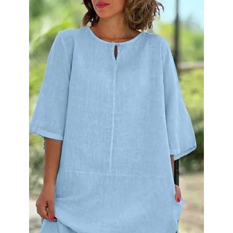 Women's Mini Dress Cotton Linen Dresses Casual Dress Basic Casual Vacation Daily Regular Fit Plain 3/4 Length Sleeve Crew Neck Yellow Wine Gray Light Blue Summer4