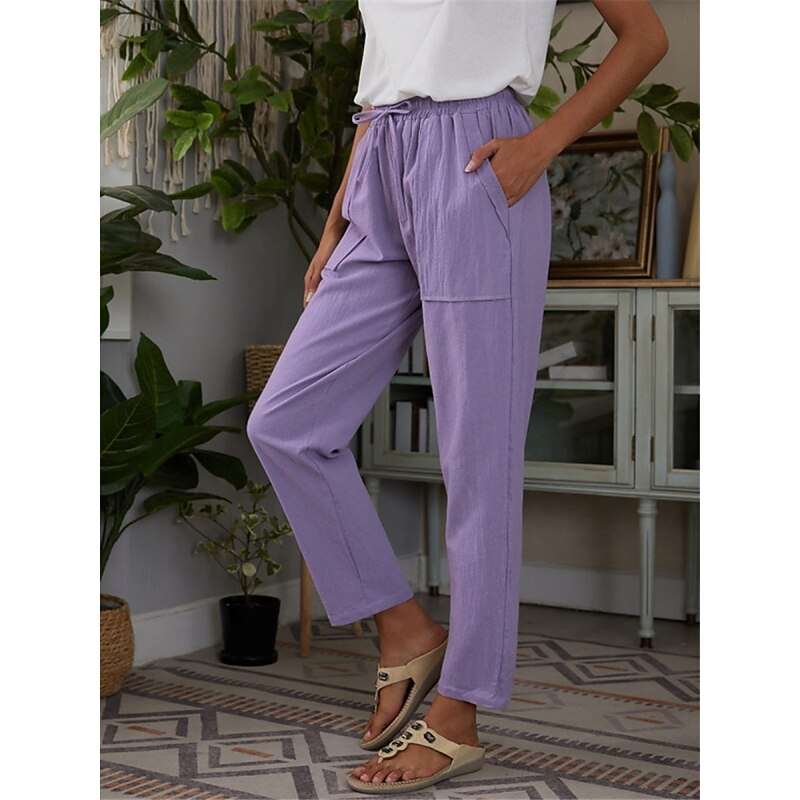 Women's Cotton Linen Pants Chinos Classic Style Full Length High Waist Plain Pocket Elastic Waistband Comfy Soft Comfortable Micro-elastic Outdoor Street Purple Green Summer Spring Regular Fit2