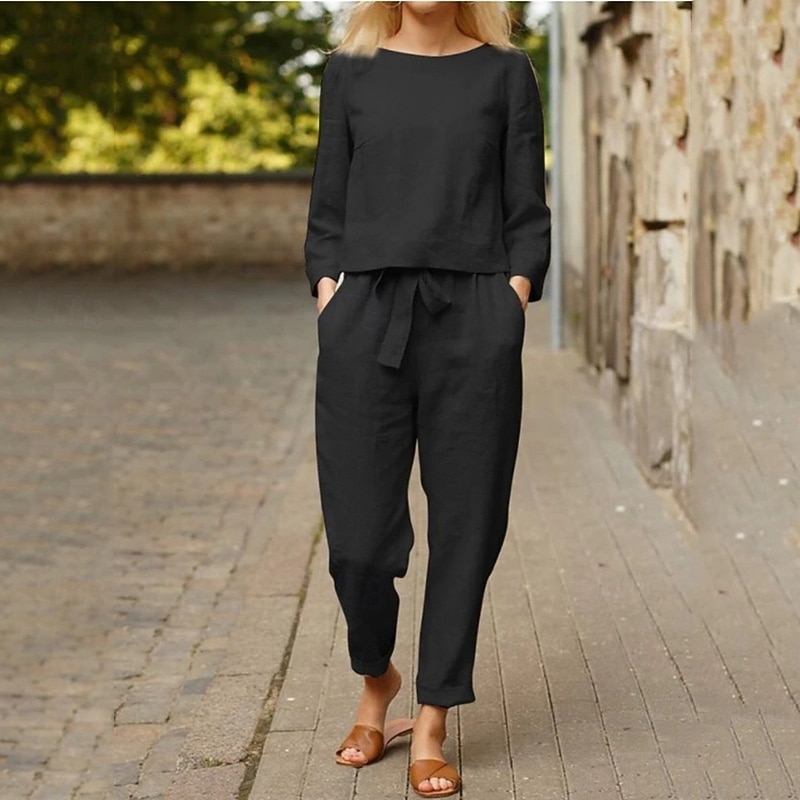 Women's Fashion Streetwear Cotton Linen Sets Two Piece Sets T Shirt Linen Pants Pants Trousers Long Sleeve Round Neck Plain Drawstring Daily Wear Date Black Sky Blue Orange Spring Regular Fit2