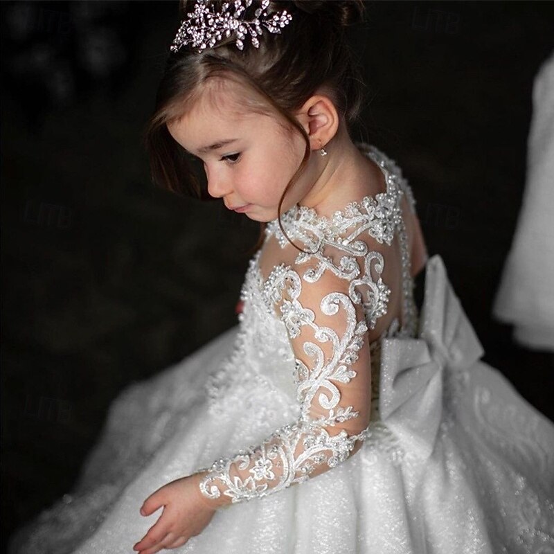 Flower Girl Dress Kid's Girls' Princess Dress Performance Wedding Party Elegant Beautiful Lace Mesh Solid Color Long Sleeve Crew Neck White 4 years+3