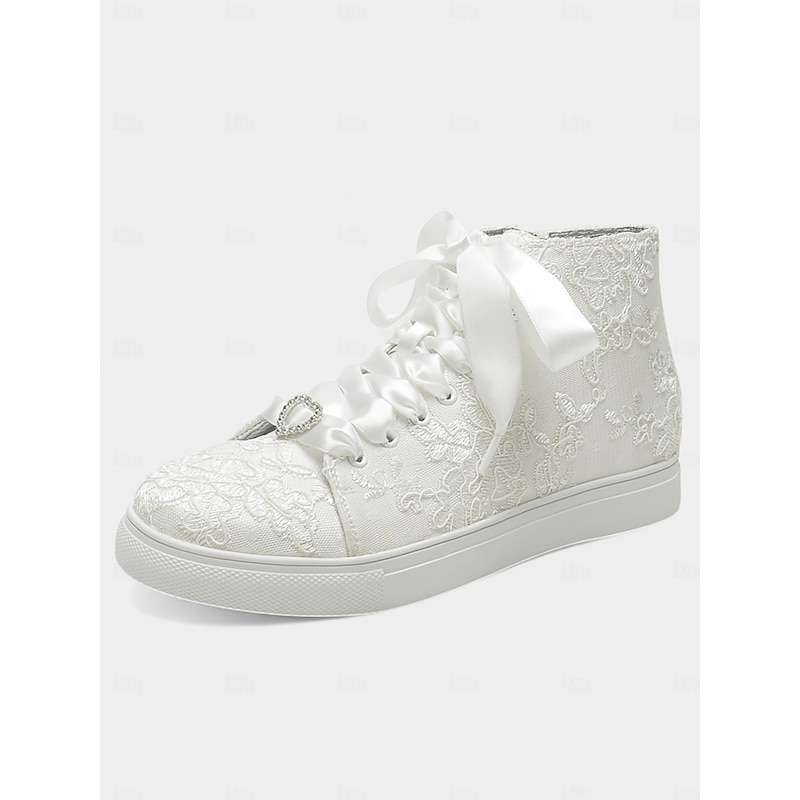 Women's Ivory Lace Wedding Sneakers with Satin Ribbon Laces and Rhinestone Heart Charm β Comfortable Bridal Shoes for Weddings
