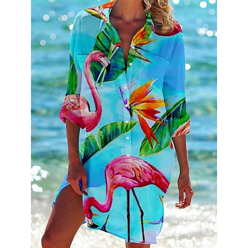 Women's Mini Dress Shirt Dress Hawaiian Shirts Flowy Blue Green Animal Floral Pocket Print Long Sleeve Holiday Casual V Neck Long Summer Holiday Clothes Beach Wear4
