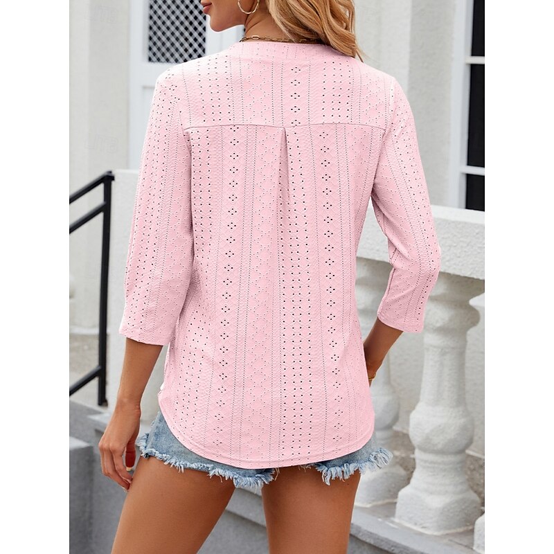 Women's Shirt Blouse Floral Stylish Casual Long Sleeve Notched Neck Regular Tops Daily Eyelet White Pink Summer Spring2