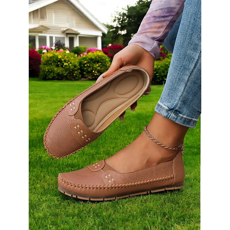 Women's Comfortable Brown Faux Leather Slip-On Loafers with Stitching Detail for Everyday Wear