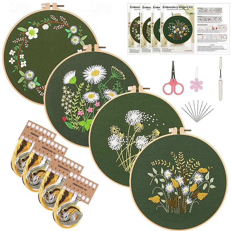 Embroidery Starter Kit for Beginners, 3 /4 Pack Cross Stitch Kits for Adults, Include Embroidery Clothes Embroidery Hoop, Threads, Needles and Instruction