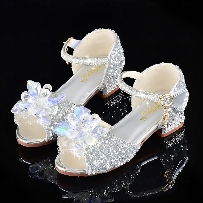 Girls' Glittery Flower Crystal Shoes – Rhinestone Open-Toe Dress Shoes with Low Heels for Parties or Weddings